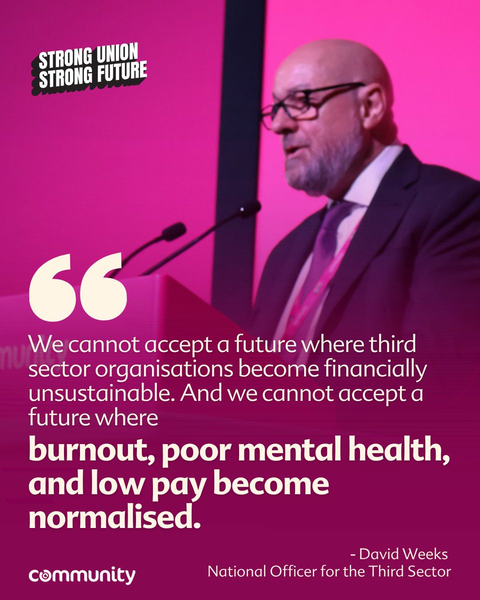 CommunityUnion's tweet photo. The Third Sector is facing a perfect storm, stagnant funding, rising costs and unprecedented demand.
David puts it perfectly while addressing our #StrongUnionStrongFuture conference: we're organising, growing and fighting back stronger than ever with our first ever third sector campaign, a growing membership, groundbreaking recognition and the launch of our Third Sector Committee.