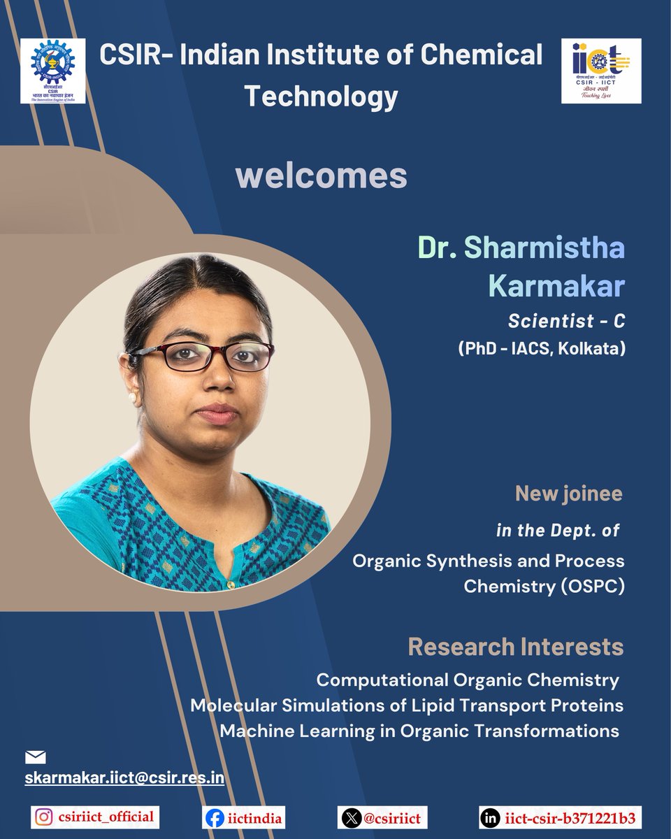 csiriict's tweet photo. We are delighted to welcome Dr. Sharmistha Karmakar to the #CSIRIICT team!!
She has joined as Scientist-C in the Dept. of Organic Synthesis and Process Chemistry, congratulations and all the very best for your future endeavors…!!
@CSIRIndia @IndiaDST 
#WomenInSTEM https://t.co/5HtcbLp4GG