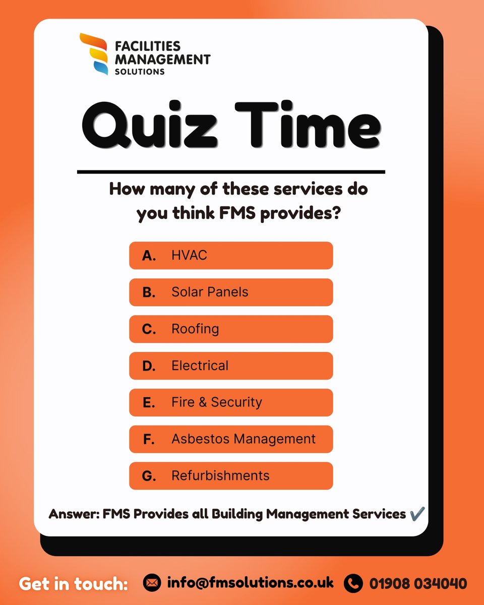 FMSolutionsMK's tweet photo. Did you know FMS offers more than just one service?

From HVAC and electrical to roofing, fire &amp; security, solar and refurbishments, we provide everything you need to keep your buildings running safely.

One trusted partner and one point of contact.

Call us. 📲

01908 034040 📞 https://t.co/3PUoJjmCKU