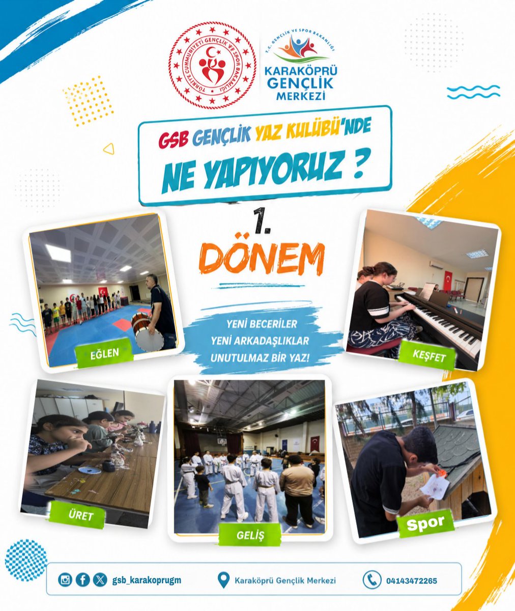 GSB_KarakopruGm's tweet photo. GSB Gençlik Yaz Kulübü 1. dönem etkinliklerimiz.
🧭 Oryantiring
🤝 Tanışma oyunları
🎹 Piyano
💃 Yöresel halk oyunları
🎨 El sanatları
♟️ Akıl ve zekâ oyunları
📖 Kur'an-ı Kerim ve İlmihal eğitimleri
Gençlerimiz bu yaz öğreniyor, üretiyor ve birlikte keyifli anılar biriktiriyor. https://t.co/jHKObIliw1