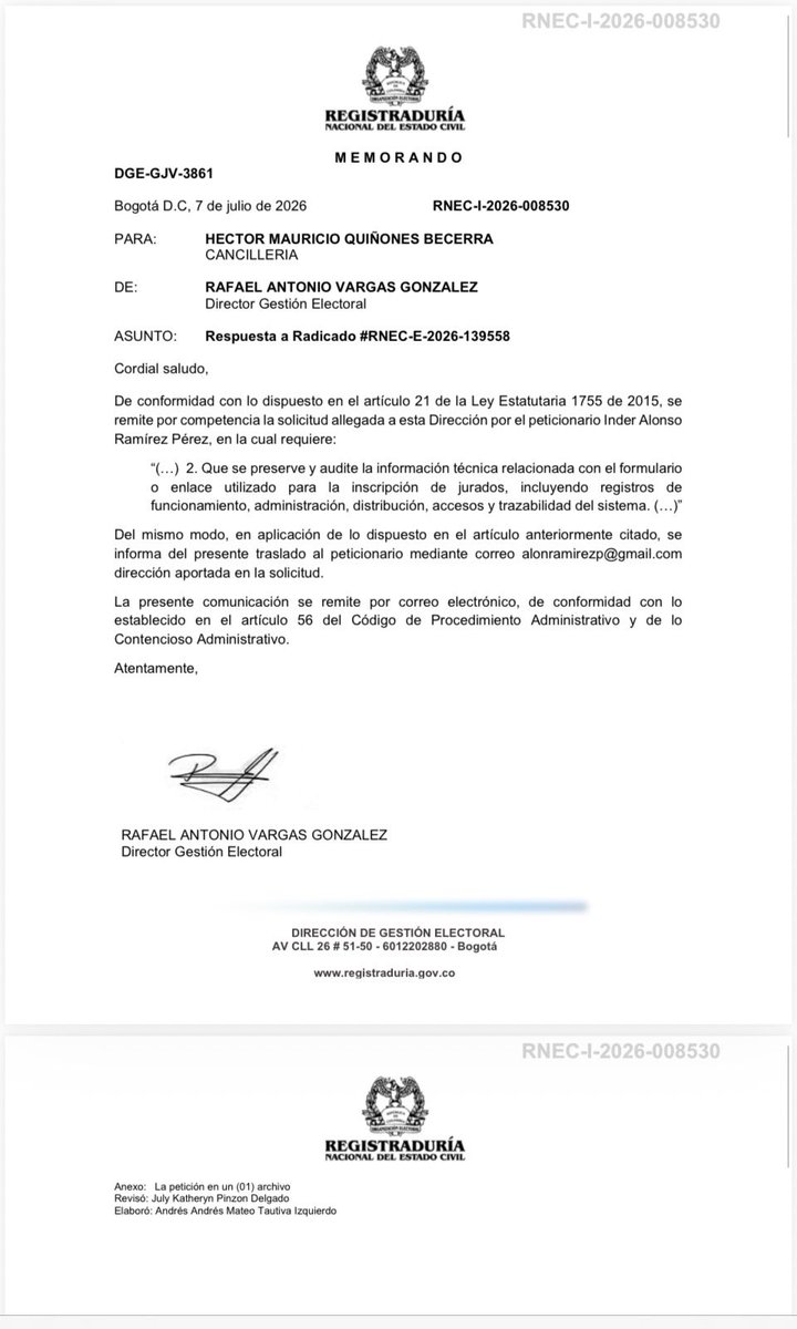 InderRamirez's tweet photo. ¿Será que la Registraduria  general de la nación y el Consejo  nacional electoral creen que los colombianos en el exterior somos unos imbéciles?

Otra vez la misma jugadita: la @Registraduria le pasa la responsabilidad a @CancilleriaCol. Nadie responde de fondo, nadie asume responsabilidades y los ciudadanos seguimos esperando.

Mi solicitud no era para que se tiraran la pelota entre entidades. 

Era para que preservaran y auditaran la información técnica del sistema utilizado para la inscripción de jurados electorales. Ahora le corresponde responder a la Cancillería.  

¡Ya está bueno! Los colombianos merecemos transparencia, no burocracia ni el eterno “eso no me toca a mí”.

@CancilleriaCol @Registraduria @CNE_COLOMBIA
@DELAESPRIELLAE @AbelardoPTE 
@IvanCepedaCast 
@PactoCol 
@petrogustavo 

#TransparenciaElectoral #ControlCiudadano #ColombianosEnElExterior #Democracia