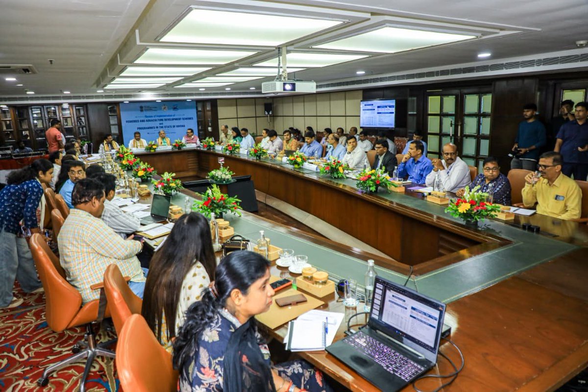 FisheriesGoI's tweet photo. Hon’ble Union Minister for Fisheries, Animal Husbandry & Dairying and Panchayati Raj, Shri Rajiv Ranjan Singh and Hon’ble Union Minister of Education, Shri Dharmendra Pradhan chaired a Review Meeting on the implementation of Schemes and Programmes for the development of fisheries and aquaculture in the State of Odisha on 8 July 2026 at Bhubaneswar.

The meeting was held in the august presence of Hon’ble Minister of State for Fisheries, Animal Husbandry & Dairying and Panchayati Raj, Prof. S.P. Singh Baghel.

The meeting was attended by Dr. Abhilaksh Likhi, Secretary, Secretary, Department of Fisheries, Dr. Bijay Kumar Behera, Chief Executive, National Fisheries Development Board (NFDB); Dr. Surabhi Rai, Joint Secretary, Department of Fisheries, Government of India; senior officials of the Department of Fisheries, Government of India; officials of the Fisheries & Animal Resources Development Department, Government of Odisha; representatives of the National Fisheries Development Board (NFDB), ICAR institutes, NABARD, the National Cooperative Development Corporation (NCDC), the Paradip Port Authority, and other key stakeholders.