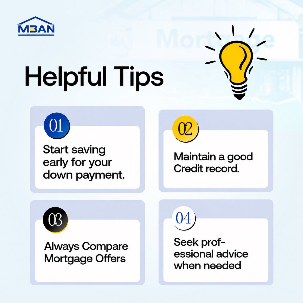 Mban_ng's tweet photo. Smart mortgage decisions start with the right information.

Planning ahead, maintaining a good credit record, comparing mortgage options, and seeking professional advice can make your homeownership journey smoother. https://t.co/3BimnoFpX6