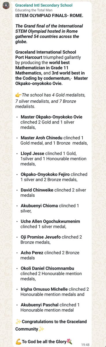 orjaiski's tweet photo. @firstladyship Nigeria media and journalists need to do more.

Graceland International School port harcourt recorded 4 gold, 7 silver and 7 bronze medals. https://t.co/4gqWYTp9Bk