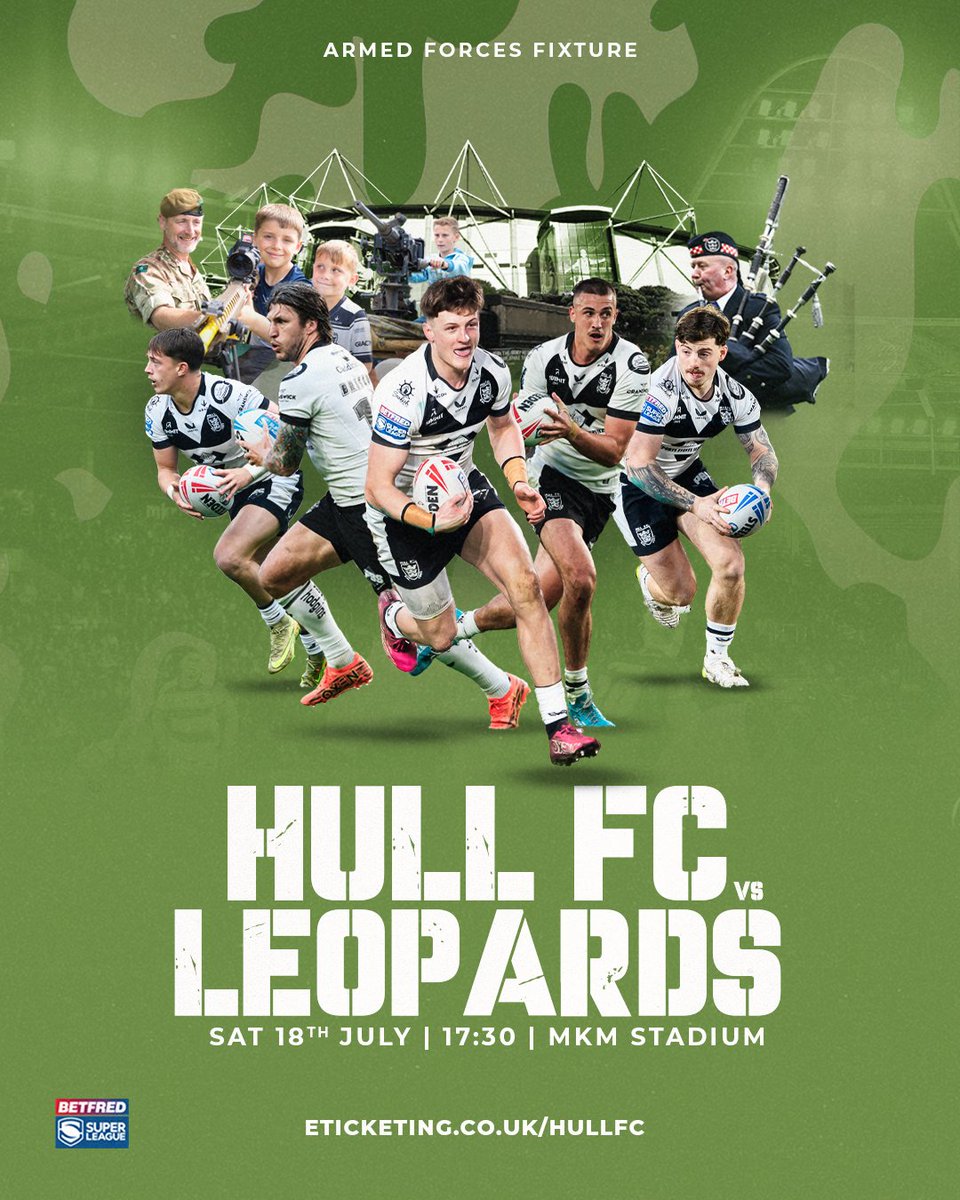 hullfcofficial's tweet photo. A reminder that tickets for our annual Armed Forces Match Day against Leigh Leopards at the MKM Stadium on Saturday 18th July (5.30pm) are on sale now 🪖

Serving members of the armed forces, veterans, emergency services personnel can make the most of our £15 ticket offer 🎫

Info 👉 https://t.co/alNXTn2iw2

⚫️⚪️ #COYH | https://t.co/xH24WUSt8C