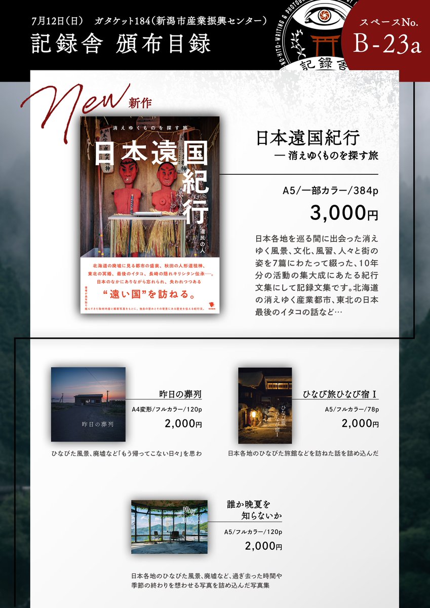 North_ern2's tweet photo. 【告知とお品書き】
今週末の7/12(日)、新潟市産業振興センター開催のガタケット184に参加します。今回は最新刊『日本遠国紀行』をメインにひなびた旅館本や紀行写真集を4作持参します。ガタケットは3回目、新潟遠征は半年ぶりです。日帰りですがよろしくお願いします！
#ガタケット184 #ガタケット https://t.co/bKdB60uwLh