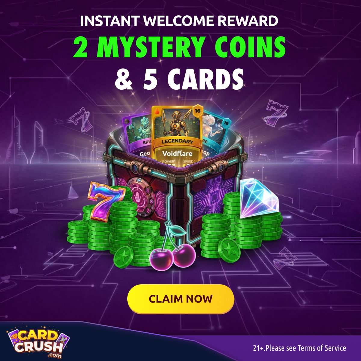 XCardCrush's tweet photo. DON'T MISS OUT! Get 2 Mystery Coins + 5 Cards. Real wins, zero wait! 🎰