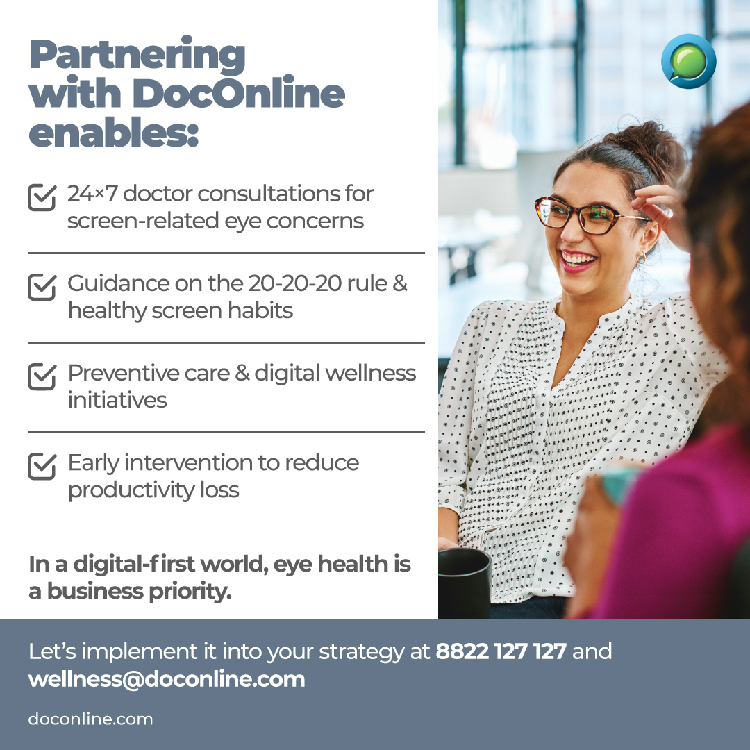 DocOnlineHealth's tweet photo. Support your #EmployeeWellbeing with timely care, healthy screen habits & preventive wellness to help them stay focused, healthy & productive
For more, connect- 8822 127 127 or wellness@doconline.com
#DocOnline #CorporateWellness #WorkplaceWellness #EyeHealth #Productivity https://t.co/fL6SK5SVa5