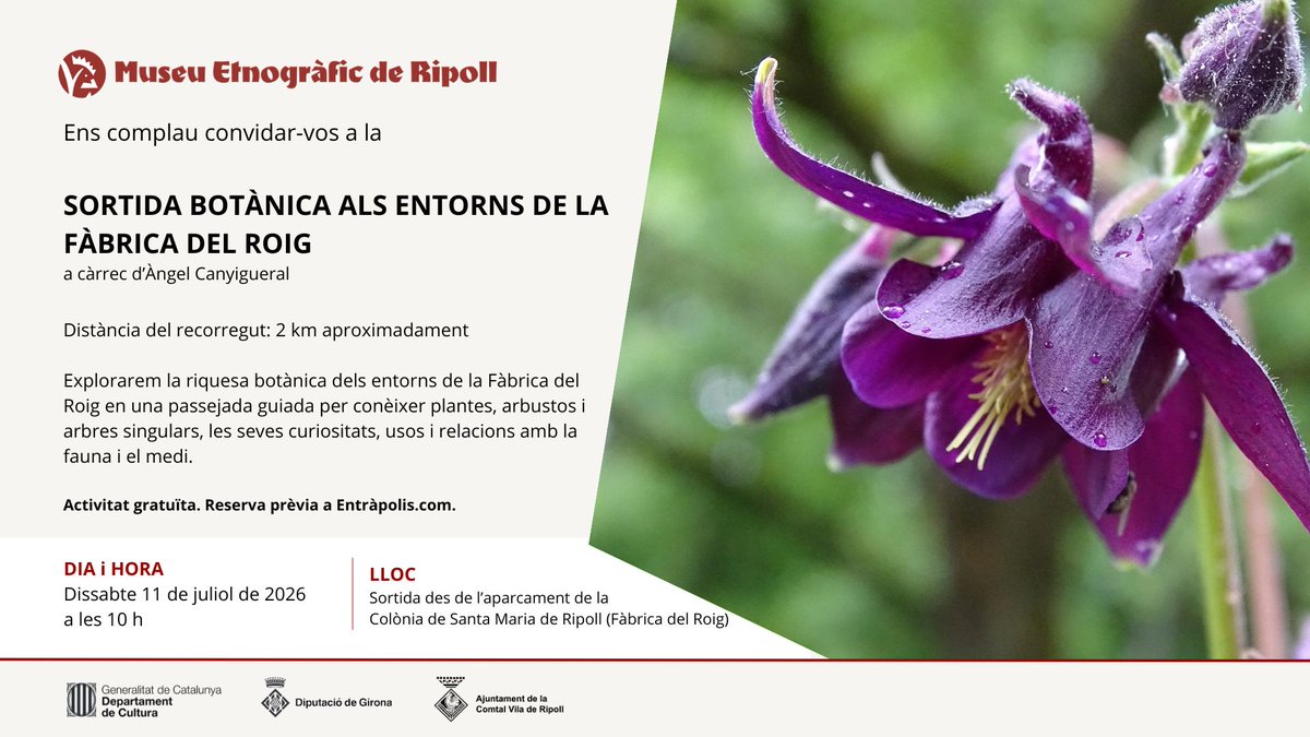 Aj_Ripoll's tweet photo. 🌸 Sortida botànica als entorns de la Fàbrica del Roig de #Ripoll, a càrrec d'Àngel Canyigueral.

🗓️ Dissabte, 11 de juliol
🕒 10.00 h
📍 Aparcament de la colònia de Santa Maria

Activitat gratuïta amb reserva prèvia aquí: https://t.co/crM5fSceXv

@MuseuRipoll https://t.co/eOlqEAgc7V