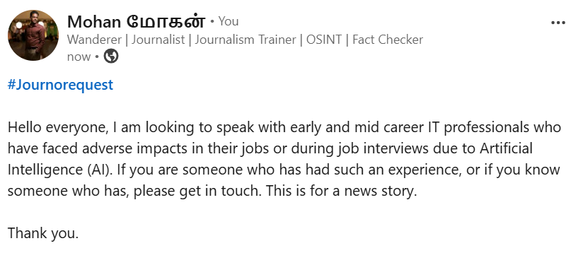 Mohan_Journo's tweet photo. #journorequest

Hello everyone. This is for a news story. Any leads would be helpful. TIA

#IT #AI #informationtechnology https://t.co/n4AlihmZIS