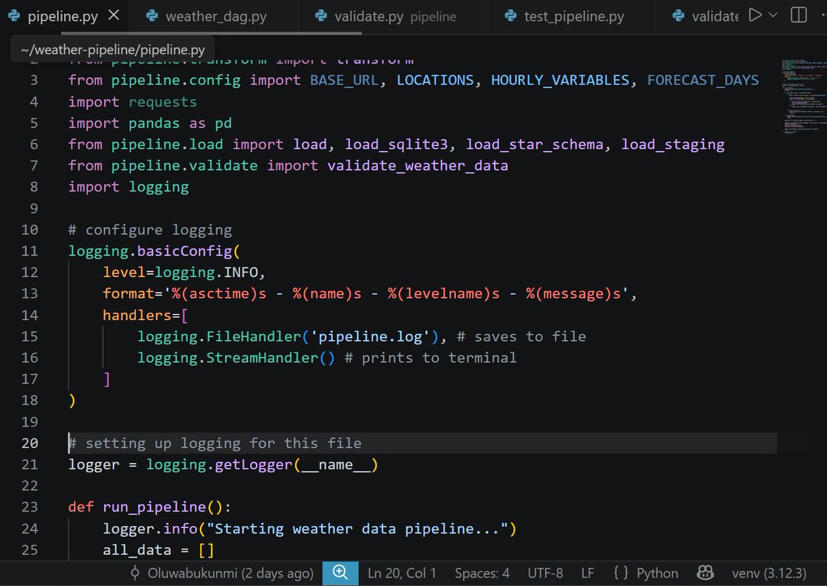 FunshoRey's tweet photo. worked on my most interesting data engineering project yet. a modular Python ETL/ELT pipeline that ingests weather forecast data from a public REST API into a star schema db, with Airflow orchestration, structured logging, data validation, and pytest unit tests. https://t.co/RJgsADxbrb