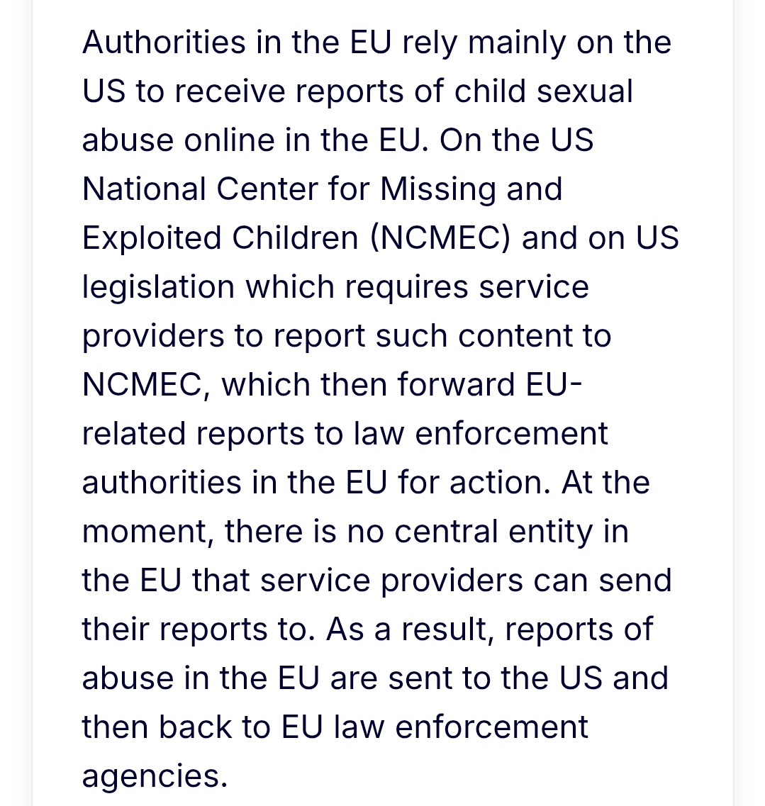 NXT4EU's tweet photo. The current version of Chat Control is not only bad for privacy, it is also a sovereignty risk giving US big-tech the power to syphon data to US NCMEC.

NCMEC acts as central hub that checks vast amounts of data, accessible by US intelligence services.

@EPPGroup, shame on you. https://t.co/TN8k4N5XiL