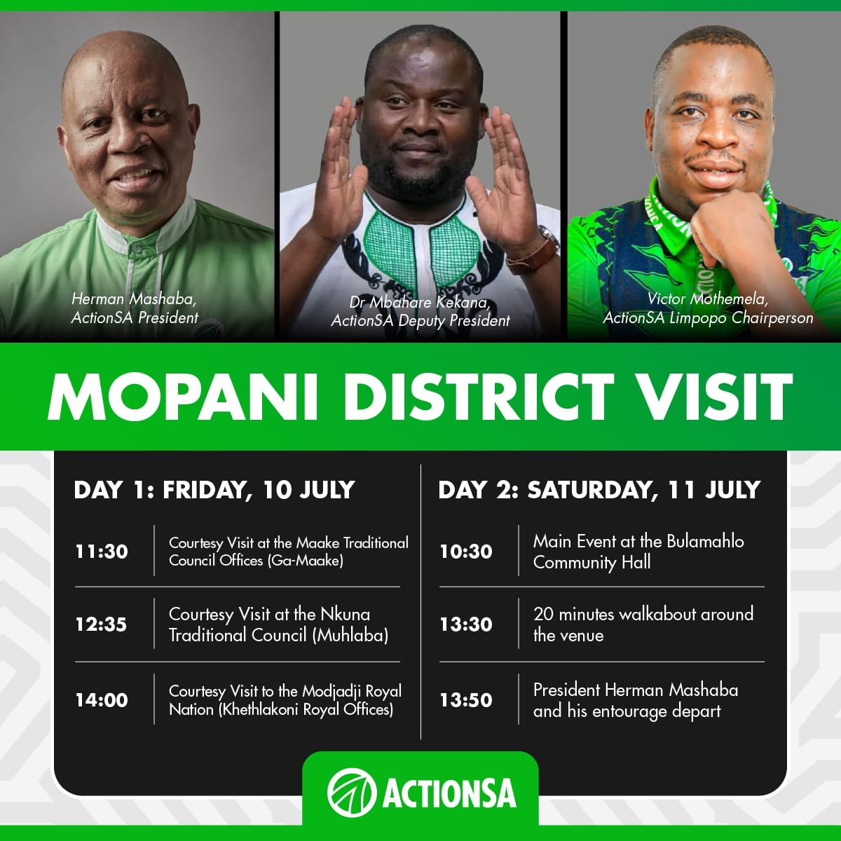 ActionSA_LP's tweet photo. The people of Mopani, are you ready? π₯
@Action4SA President @HermanMashaba and Deputy President @MbahareKekana_, joined by Provincial Chairperson @VictorMothemela, will be conducting various visits within Mopani as we gear up to the Mayoral announcement event.
#ActionSA https://t.co/9oW3JS8XNs