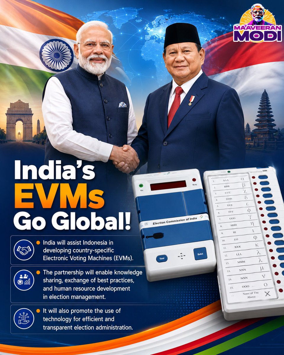 MaaveeranModi's tweet photo. Indonesia expresses its trust in India's EVMs and signs the agreement for transfer of technology to be used in their future elections. https://t.co/QFklpshSQD
