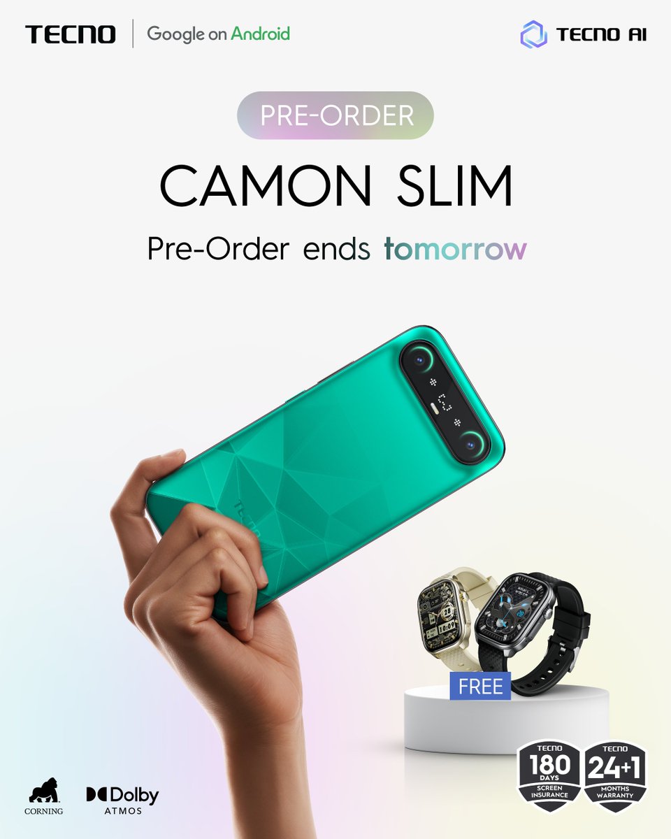 TecnoMobileGH's tweet photo. ONE DAY LEFT... 🚨
CAMON SLIM pre-order closes TOMORROW. Don't miss your opportunity to be one of the first to experience our slimmest CAMON yet.

PRE-ORDER NOW: https://t.co/zagpqKr9NJ 

#CAMONSLIM 
#PreorderCAMONSLIM 
#TECNOGhana https://t.co/I3nnGFkBpk