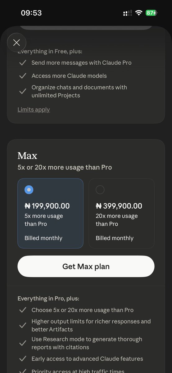 graphlinkz's tweet photo. Claude Max is now 200k naira 😭😭.  How did the price just double overnight https://t.co/TAoLUGI6rx