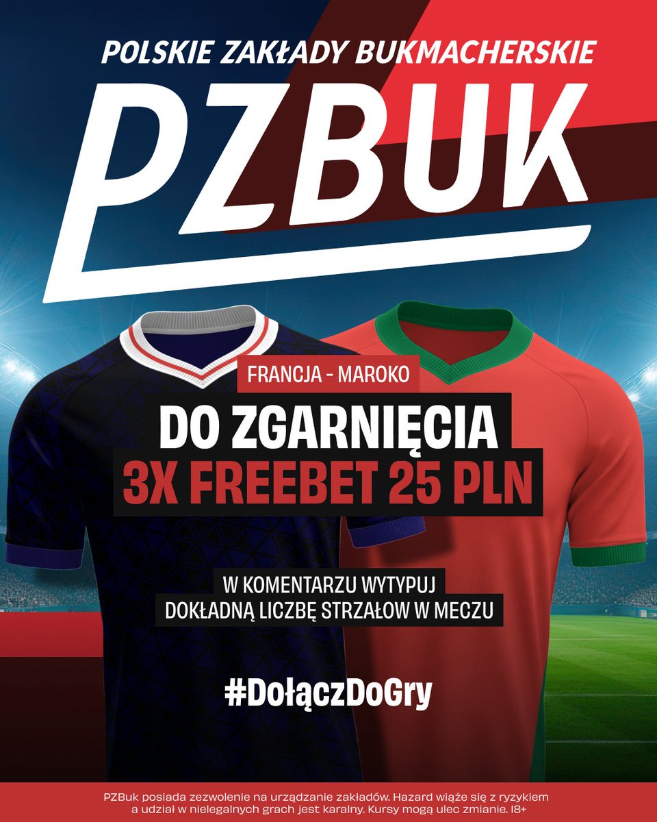 pzbuk_pl's tweet photo. ‼️ FREEBET 25 ZŁOTYCH ZA PIERWSZY ĆWIERĆFINAŁ! 🎁

Francja jest faworytem, ale Marokańczyków nie można lekceważyć nawet przez minutę.

Dziś kolejna szansa dla 3⃣ osób na wygranie darmowych zakładów o wartości 25 złotych.

❤️ Polub post,
🔎 Obserwuj nasz profil,
✍️ Podaj w komentarzu dokładną liczbę strzałów w meczu Francja - Maroko.
🎁 Nagrody w postaci darmowych zakładów 25 złotych trafią do trzech osób, które najszybciej podadzą prawidłowy typ,
⏳ Komentarze zostawiać możecie do 22:00, czyli rozpoczęcia meczu.

*Organizatorem zabawy jest właściciel marki PZBuk, który zastrzega prawo do zmiany zasad lub unieważnienia konkursu.

#PZBuk #PolskieZakładyBukmacherskie #DołączDoGry