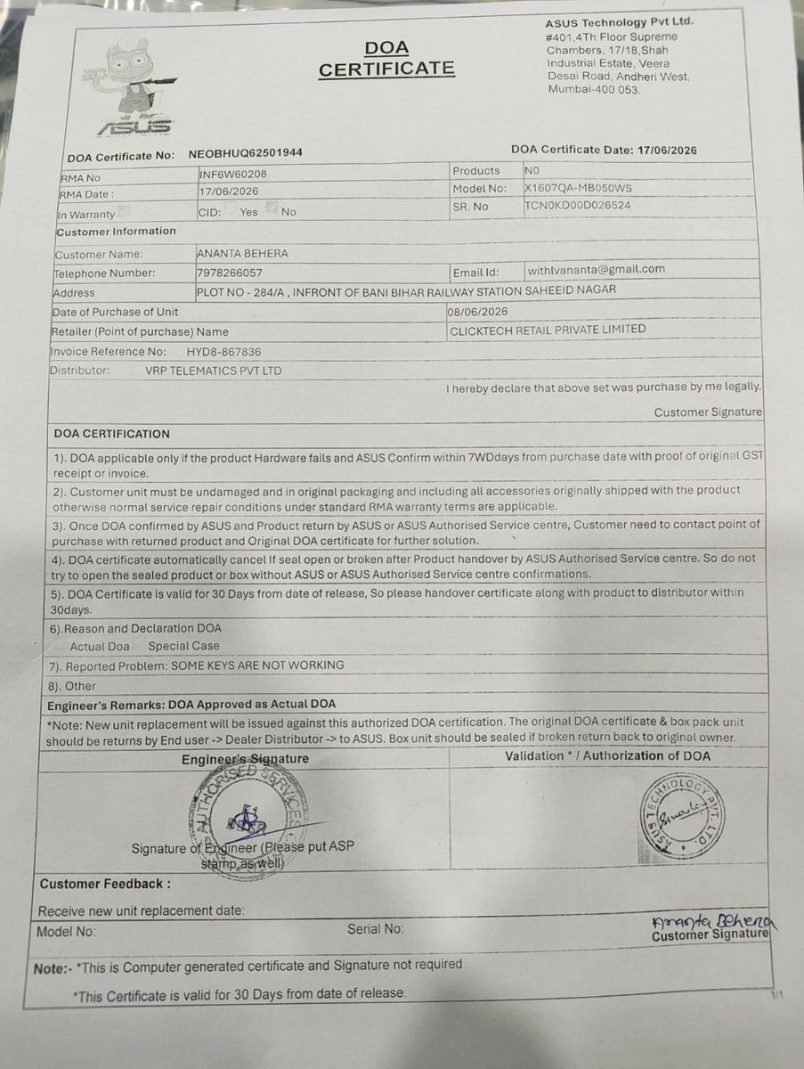 Ananta3853's tweet photo. @AmazonHelp @amazonIN @ASUS @PMOIndia @AshwiniVaishnaw @CMO_Odisha @AmitAgarwal @Flipkart @myntra @Walmart @facebook @instagram @LinkedIn @ajassy Amazon again asking for 3-4 business to wait. It has been completed one month,I have raised the issue on 11th June 2026. Plz return laptop with full refund. @AmitAgarwal @amazonIN @AmazonHelp @PMOIndia @AshwiniVaishnaw @CMO_Odisha @nsitharaman @PiyushGoyal @dpradhanbjp @AmitShah https://t.co/XBbsyglp2g