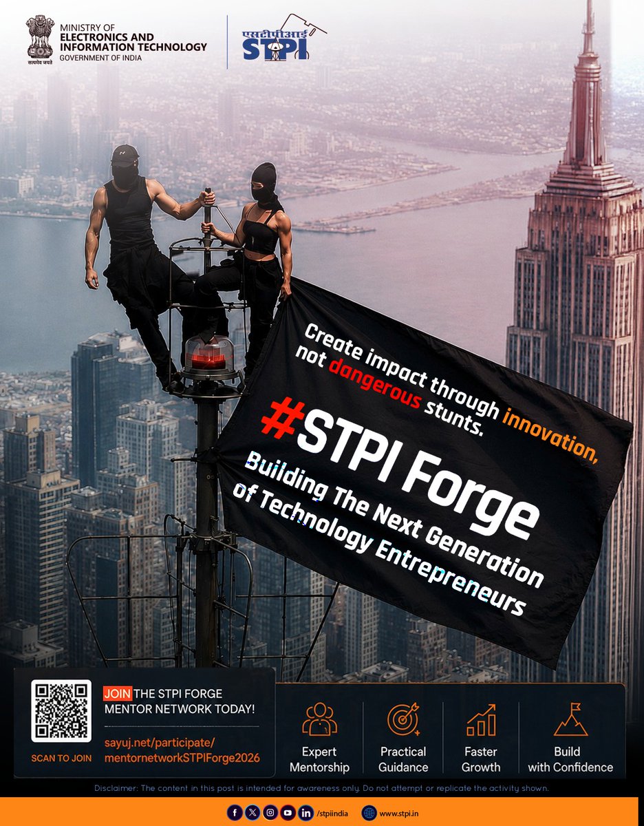stpiindia's tweet photo. STPI Forge: Building the Next Generation of Technology Entrepreneurs ⚙️

Calling Educational Institutions, Incubation Centres, Innovation Hubs, Industry Associations & Ecosystem Enablers to participate in the Entrepreneurship Development Program (EDP) by STPI. 📢 

💠 What STPI Forge offers:
* Entrepreneurship & Founder Mindset Development
* Mentorship from Industry Experts and Startup Leaders
* Startup Readiness and Business Building Support
* Exposure to STPI's National Innovation Ecosystem
* Institutional Partnerships for Entrepreneurship Promotion

🔗 Know more: https://t.co/1IbSyvUpzn 

#STPIForge #EntrepreneurshipDevelopment #StartupIndia #InnovationEcosystem #TechEntrepreneurs #EmpireStateBuilding #Skywalkers #Rooftopping #UrbanExploring #Trending2026 

@GoI_MeitY @AshwiniVaishnaw @JitinPrasada @SecretaryMEITY @arvindtw @_DigitalIndia @NeGD_GoI @startupindia @guptaa_sanjay @rakeshdubey @iitdelhi @iitbombay @iitmadras @IITKanpur @IITKgp @IITGuwahati @iitroorkee @IIITDelhi @iiit_hyderabad @IIITB_official @IIMAhmedabad @IIM_Calcutta @AccelIndia @peakxvpartners @BlumeVentures @ElevCap @ChirataeVC @NexusVP @vcatsindia