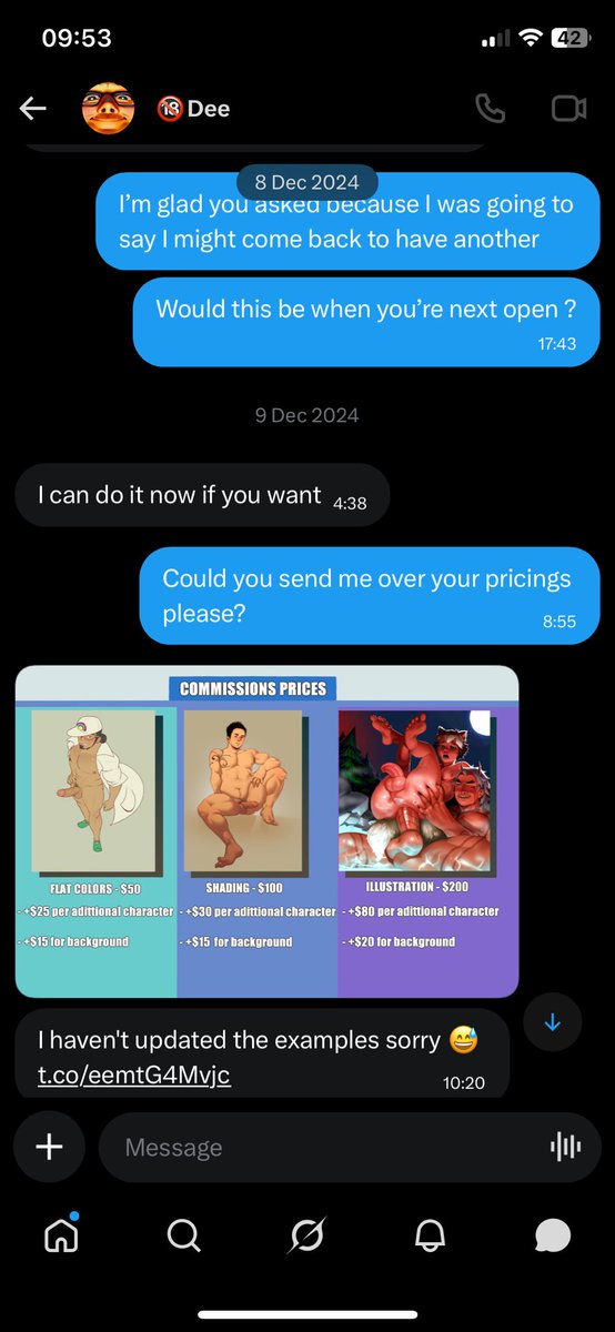 comebenaughty's tweet photo. @DeeR3art  scammed me out of $135 USD. NSFW!

I had previously commissioned them in May 2024, with the piece being completed by December 2024. I was  pleased with the result and mentioned I may commission them again. The artist suggested they could do it now, and I agreed. (1/3) https://t.co/MnpTWM0XVC