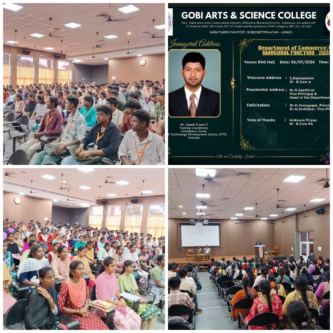 GASCgobi36's tweet photo. Department of Commerce (UA) has organised Department Association Inaugural Function on 06.07.2026. Mr.P.Rajesh Kumar Training Coordinator, Coimbatore Zonal MSME Technology Development Center (CFIT) Chennai,has acted as the Chief Guest and delivered Inaugural address. https://t.co/Divcf3xiZR