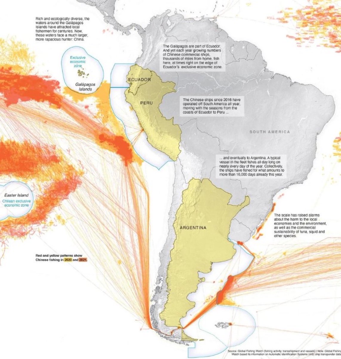 Geopol21's tweet photo. 🇨🇳China devora los recursos pesqueros de América del Sur.

🐠Miles de barcos pesqueros chinos se sitúan frente a las aguas de la ZEE de Perú y Argentina buscando explotar los grandes bancos de pesca, algo que ha generado importantes tensiones con los países de la región. https://t.co/MLN99QmVo7