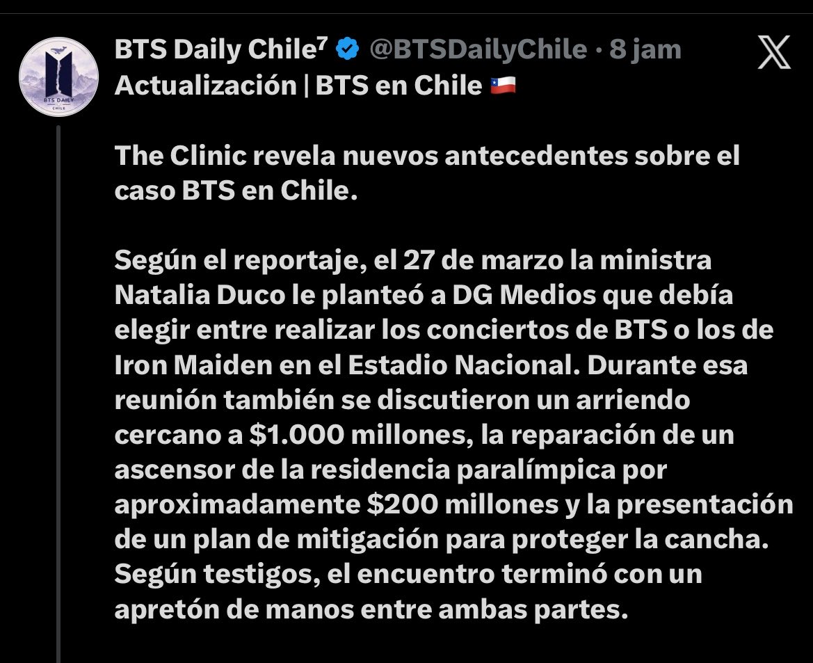 gcftkoo_'s tweet photo. Plot twist: 

Ternyata dari tanggal 27 Maret, pihak promotor BTS dan Menteri Olahraga Chile udah ngobrol duluan soal konser. Mereka bahas sewa stadion, biaya perbaikan lift dan penanganan rumput.

Mereka juga udah sepakat dan berakhir dengan jabat tangan 😆 https://t.co/GJ82XFTAQK