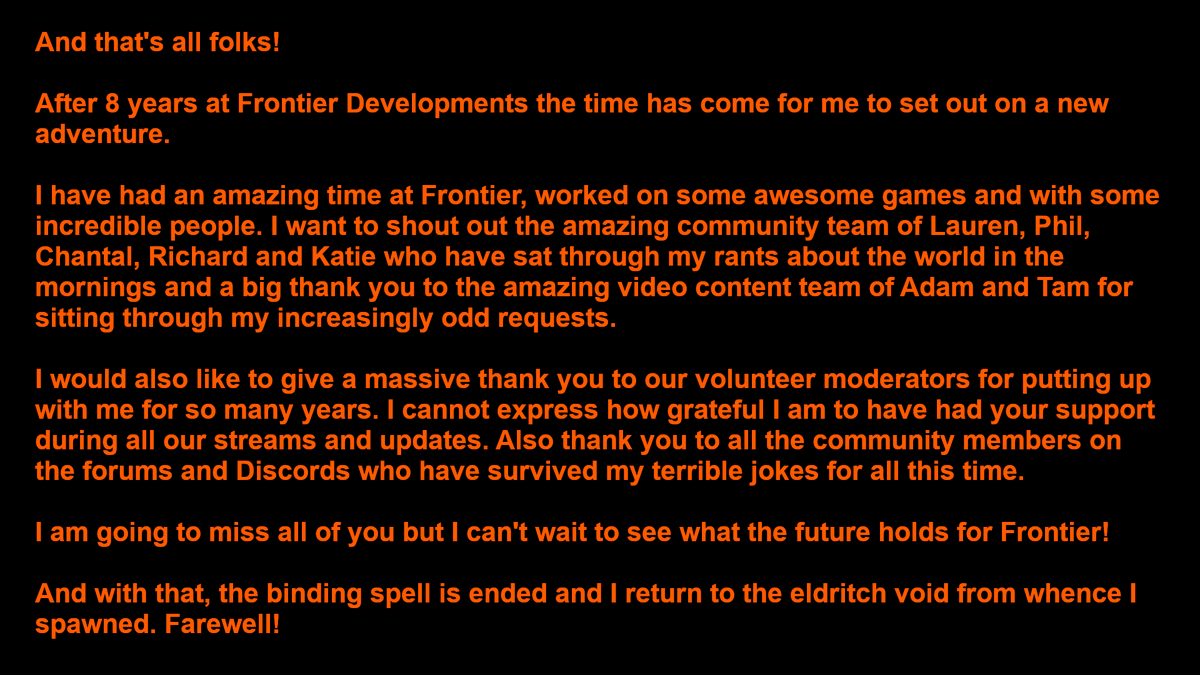 RevenantCrow's tweet photo. After 8 years I am today saying farewell to Frontier Developments. It's been an amazing journey and I am so grateful to have worked with some great people and on some great games. https://t.co/pTAGI2q0uQ