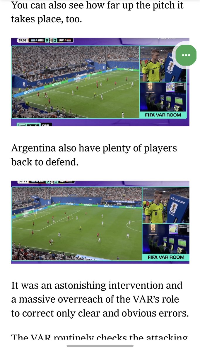 Hakeemfederer's tweet photo. المحلل التحكيمي بتاع الاتليتك بيقول ان تدخل الفار فى جون مصر الملغي مجنون
بيقول ان فرقة الارجنتين.كلها تقريبا كانت تحت الكورة لما اتقطعت  والكورة على بعد ١٠٠ ياردة من الجون والهجمة عدت الملعب كله  والفرق  كله
دى حالة مجنونة ان الفار يرجعلها فى فاول جدلي
محتاج يكون حصل جريمة مش مجرد فاول عشان ترجع كل ده
