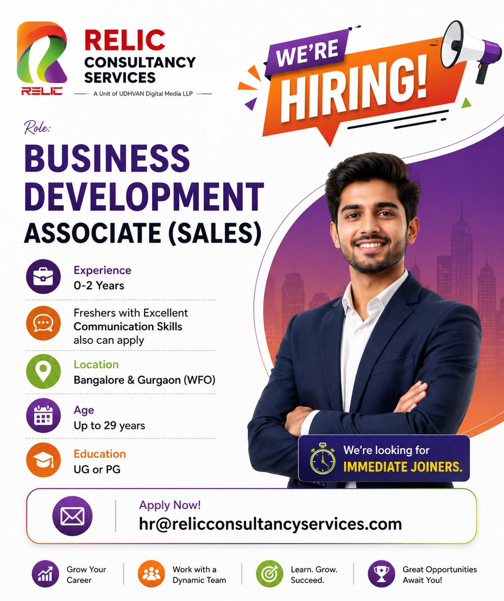 Relic_CS's tweet photo. #hiring 
Role: Business Development Associate (Sales)
Exp: 0-2 Years
Freshers with Excellent Communication Skills also can apply
Location: Bangalore &amp; Gurgaon (WFO)
Age: up to 29 years
Education: UG or PG
We're looking for immediate joiners.
Apply: hr@relicconsultancyservices.com https://t.co/lnk50mMbA5