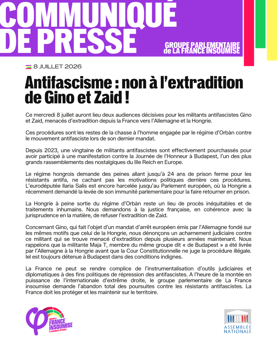 FiAssemblee's tweet photo. 🔴📄 Antifascisme : non à l’extradition de Gino et Zaid !

À l’heure de la montée en puissance de l’internationale d’extrême droite, nous demandons l’abandon total des poursuites contre les résistants antifascistes.

La France doit les protéger et les maintenir sur le territoire. https://t.co/uPLAN3KBL5
