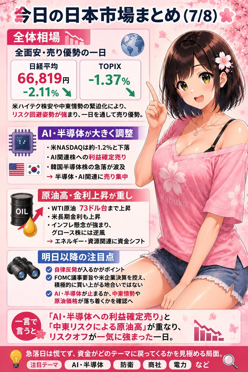 kabuko0429's tweet photo. 7/8日本市場まとめ🌸

お疲れ様でした☕️

日経平均-2.11%、TOPIX -1.37%と大幅安📉

✅AI・半導体株に利益確定売り
✅中東情勢への警戒でリスクオフ
✅原油高・米長期金利上昇も重し

急落日は焦らず、資金の戻るテーマを見極めたいですね🌸

#日経平均 #投資初心者 #AI #半導体 #かぶ子 https://t.co/AgEz14gFN2