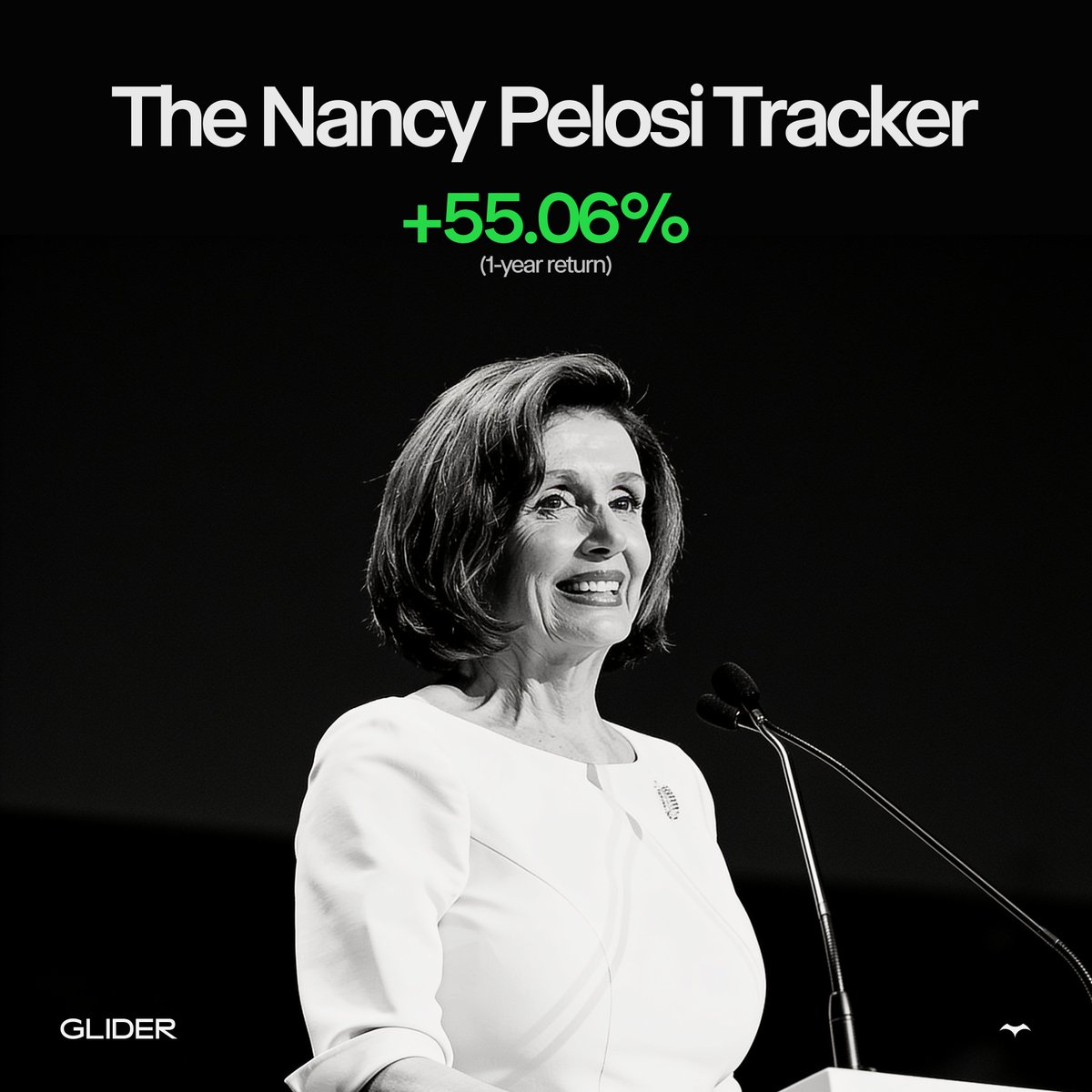glider__'s tweet photo. Nancy Pelosi's tracker: +55% in a year.

Her trades are public by law, but only US investors could act on them.

So we opened them up, now anyone can invest like Pelosi, from anywhere in the world 🫢