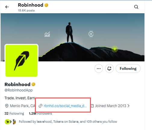 BSCJDW's tweet photo. Robinhood官推挂的官网，也就是Robinhood的缩写，是这个。 https://t.co/SFe5Azm4CC