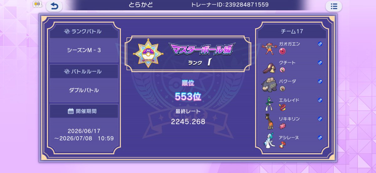 toracado2025's tweet photo. #ポケモンチャンピオンズ #ポケモン
3日前くらいまでチャンピオン級だったけど最終日チャンピオン級昇格戦負けてから上手いこと勝てなかった(泣)
クチートは強かったけど実力不足
来期はチャンピオン級どころか最終54 位越えするぞ！
希望あれば構築公開します https://t.co/0jIQPWcHMu