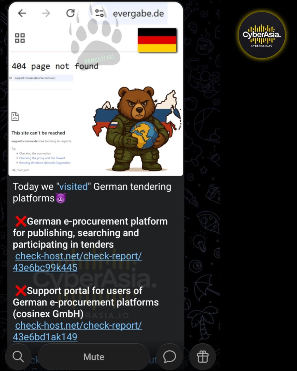 cyberasia_io's tweet photo. 🚨 Germany Alert 🇩🇪
#Russia hacktivist group #NoName057(16) has launched #DDoS (Distributed Denial of Service) attacks targeting #Germany, disrupting the national e-procurement tender platform https://t.co/8v6VHV8TVs and the user support portal operated by cosinex GmbH. https://t.co/TERztfVfT9
