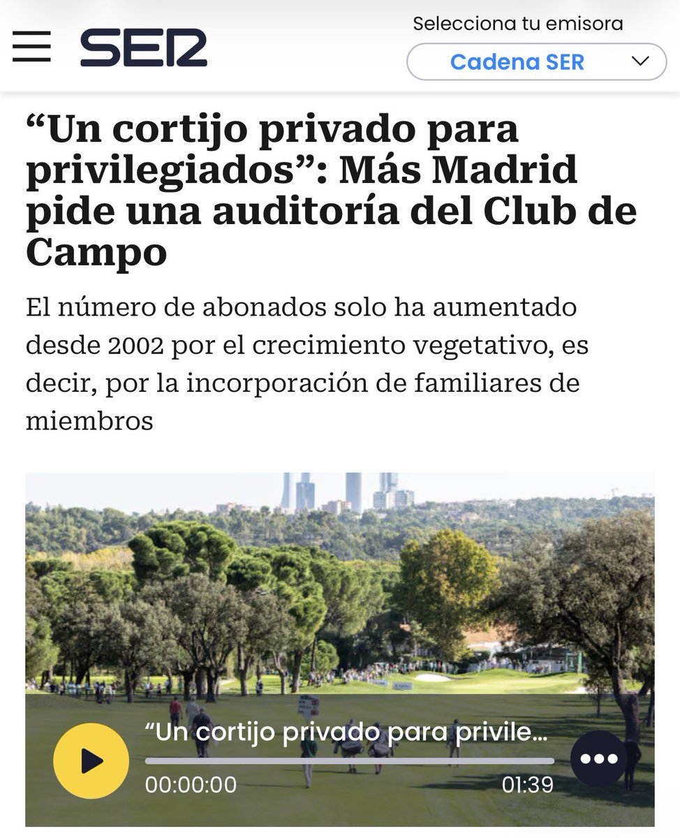 MasMadrid__'s tweet photo. ‼️ El Club de Campo es un equipamiento público que paga el Ayuntamiento con medio millón de euros al año.

Lleva 25 años sin admitir nuevos socios. Solo entran los hijos y nietos de los de siempre.

Un privilegio hereditario pagado con dinero público. Exigimos una auditoría ya. https://t.co/0DMtJDBFFi