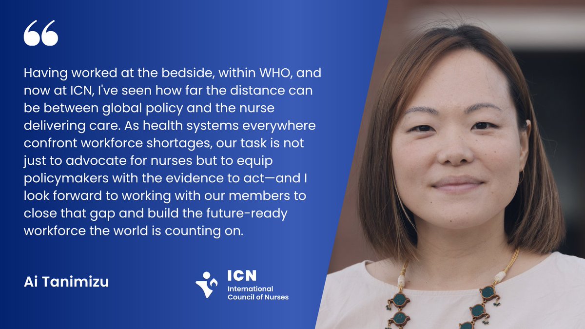 ICNurses's tweet photo. ICN is delighted to welcome @AiTanimizu as our new Head of Nursing Workforce Transformation & Clinical Capability.
 
Ai joins ICN from high-level roles at the World Health Organization, most recently as Technical Officer for Nursing and Midwifery, South-East Asia Region, where she led workforce analysis, advised ministries of health, and supported national health workforce strategy development across 11 countries.
 
At ICN, Ai will lead work on key priorities from harnessing digital health and innovation to building the skills and systems that support quality care. We look forward to all she will achieve in enabling nurses everywhere to lead, innovate and bring care to all.