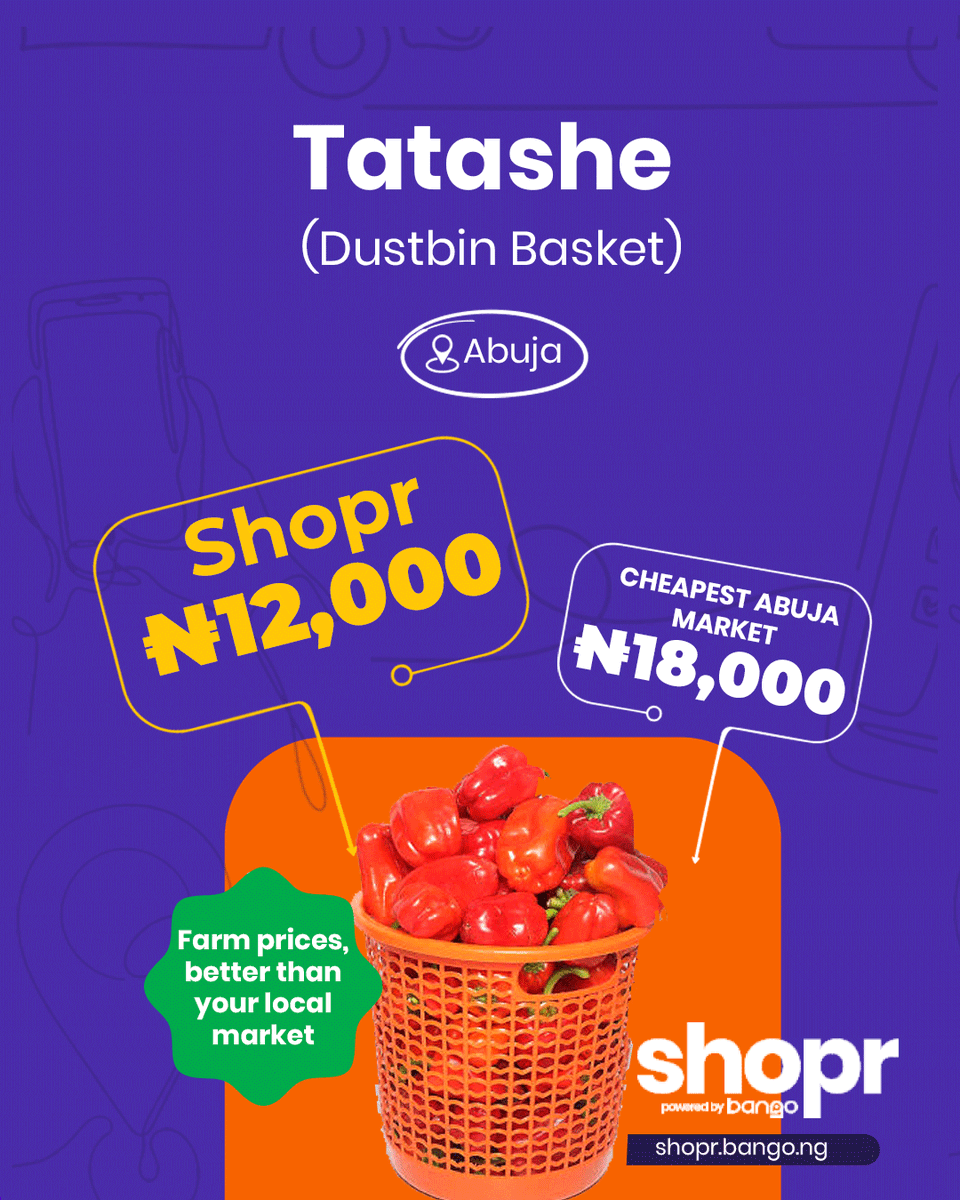 bangonigeria's tweet photo. One price wasn't even close. 🫢😭

Tatashe (dustbin basket)
Market: ₦18,000 
Shopr: ₦12,000

That's ₦6,000 saved on just one item.

That's enough to add a basket of onions🧅 to your order, and still have... https://t.co/eZ5LZtTXRa