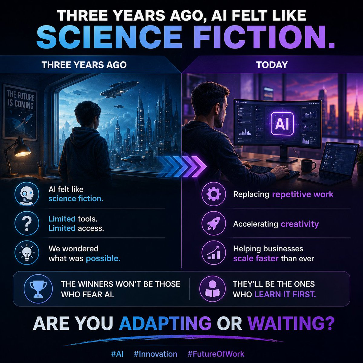 doctolabode's tweet photo. Three years ago, AI felt like science fiction.
Today, it’s replacing repetitive work, accelerating creativity, and helping businesses scale faster than ever.
The winners won’t be those who fear AI.
They’ll be the ones who learn it first.
Are you adapting or waiting?
#AI #Innovation #FutureOfWork #ArtificialIntelligence #Tech #Design #Entrepreneur
#Startup
#BuildInPublic