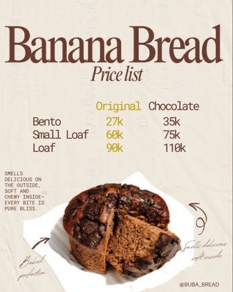 vagayege's tweet photo. [Likes and RTs are appreciated]

[Gratis 2 bento buat yg bantu like n rt - diundi😉 ]

Halo teman-teman, aku open PO Banana Bread. 
Pengiriman Senin-Sabtu. 
Lokasi jakarta timur. 
Pengiriman bisa via ojek online dan paxel. 

Bisa intip akun IG: @ bu_ba_bread

Makasih banyak ❤️🥰 https://t.co/rYLPWtVPNC