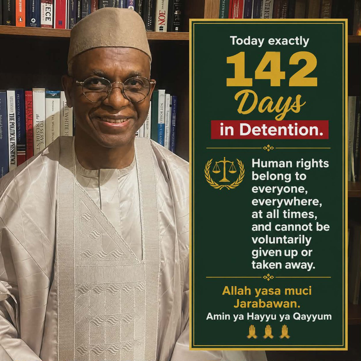 AAD_EL_Rufai's tweet photo. Today exactly 142Days @elrufai in Detention. 

Where’s the Justice? Even his Dr  Prof Bello in Detention @Trial @ecowas_cedeao @UN_HRC @FranceONUGeneve @amnestyusa @Mediapart @VanguardAfrica @realDonaldTrump @EmmanuelMacron 

Allah yasa muci Jarabawan. Amin ya Hayyu ya Qayyum 🙏🏾🙏🏾🙏🏾