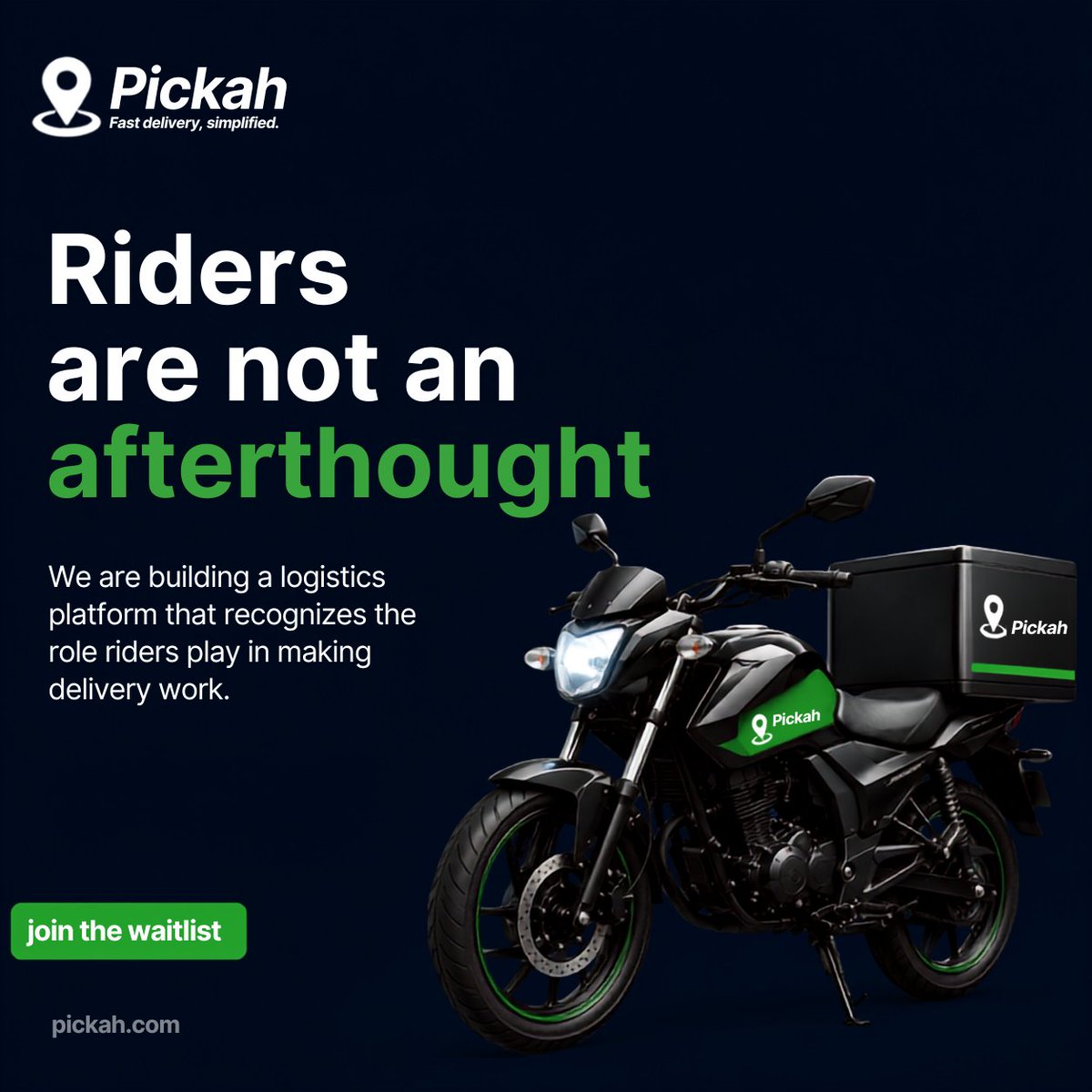 Pickahapp's tweet photo. We are building a logistics platform that recognizes the role riders play in making delivery work.

Riders can join the Pickah waitlist.

#RidersNigeria #DeliveryRiders #DispatchRiders #LogisticsNigeria #JoinTheWaitlist https://t.co/jQMgAqVXxR