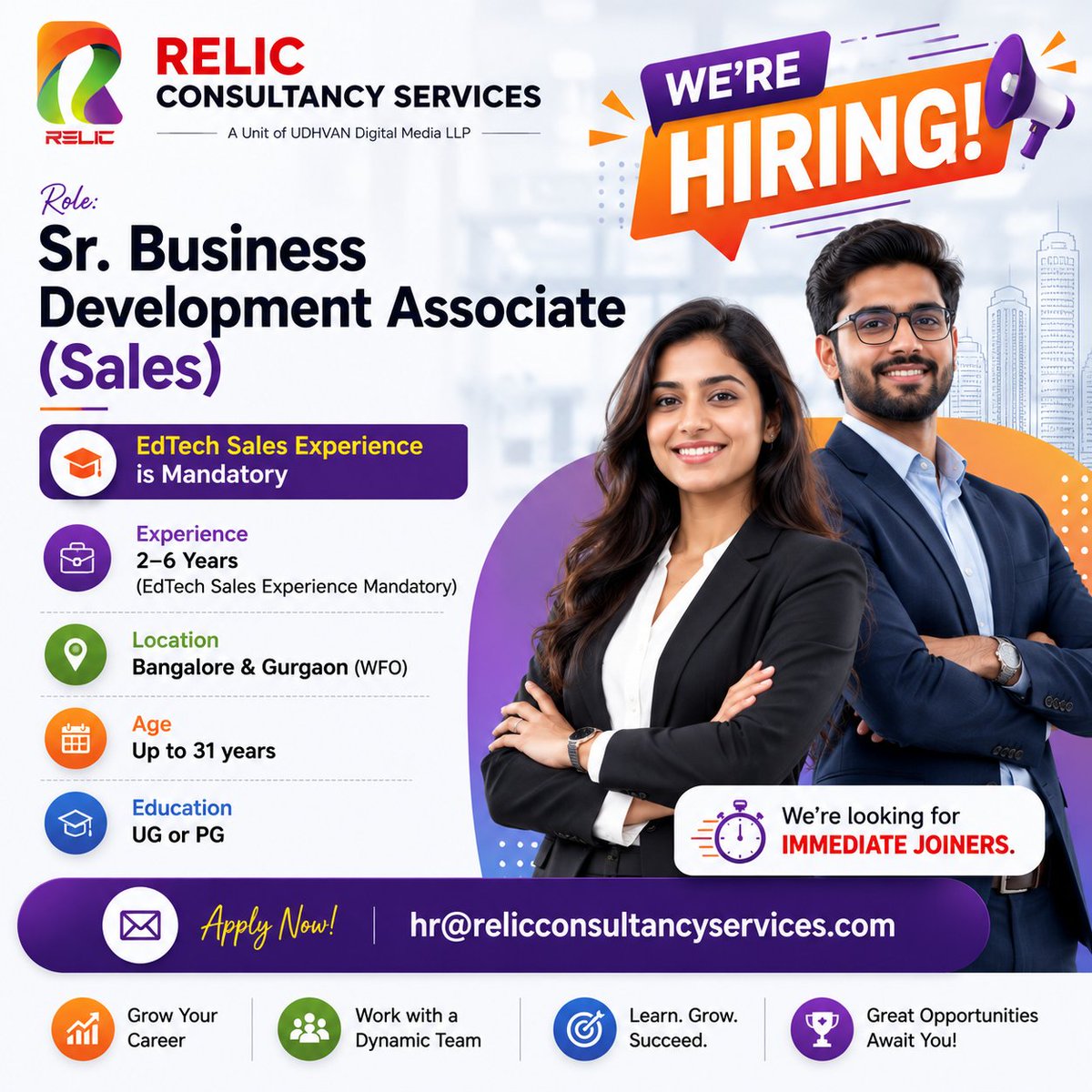 Relic_CS's tweet photo. #hiring
Role: Sr. Business Development Associate (Sales)
Exp: 2-6 Years (EdTech Sales Experience Mandatory)
Location: Bangalore &amp; Gurgaon (WFO)
Age: up to 31 years
Education: UG or PG
We're looking for immediate joiners.
Apply: hr@relicconsultancyservices.com https://t.co/83Ffg0VbbF