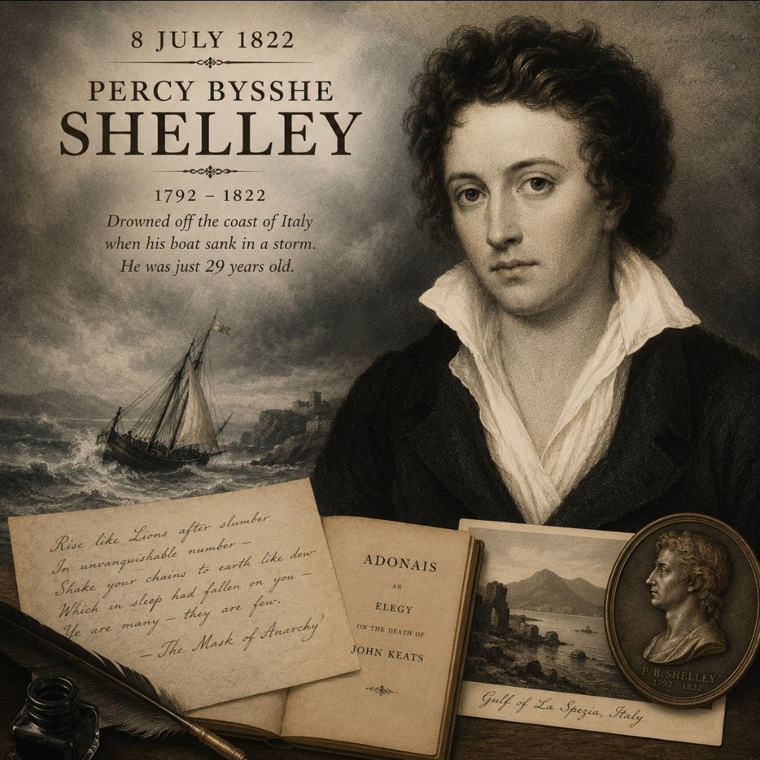 rotaryandco's tweet photo. #VictorianaToday
On 8 July 1822, Percy Bysshe Shelley drowned when his sailing boat sank off the coast of Italy. He was just 29 years old.
#onthisday #onthisdayinhistory https://t.co/vOo5f4zaVT
