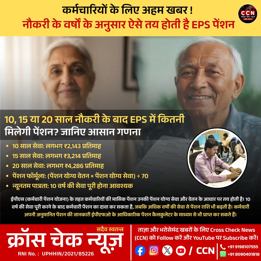 crosschecknews's tweet photo. EPF कर्मचारियों के लिए जरूरी जानकारी।
10, 15 और 20 साल की नौकरी के बाद कितनी मिल सकती है EPS पेंशन? जानिए आसान गणना।
#EPF #EPS #EPFO #Pension #CCN https://t.co/FaMlkWARKy