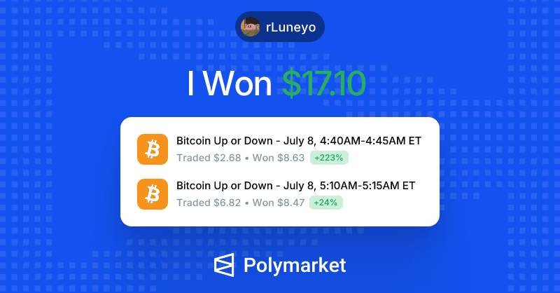 rLuneyo's tweet photo. I just won $17.10 on @Polymarket!

Join me and put your money where your mouth is: https://t.co/JCpvbPAyA9 https://t.co/wuqsnsH6ER