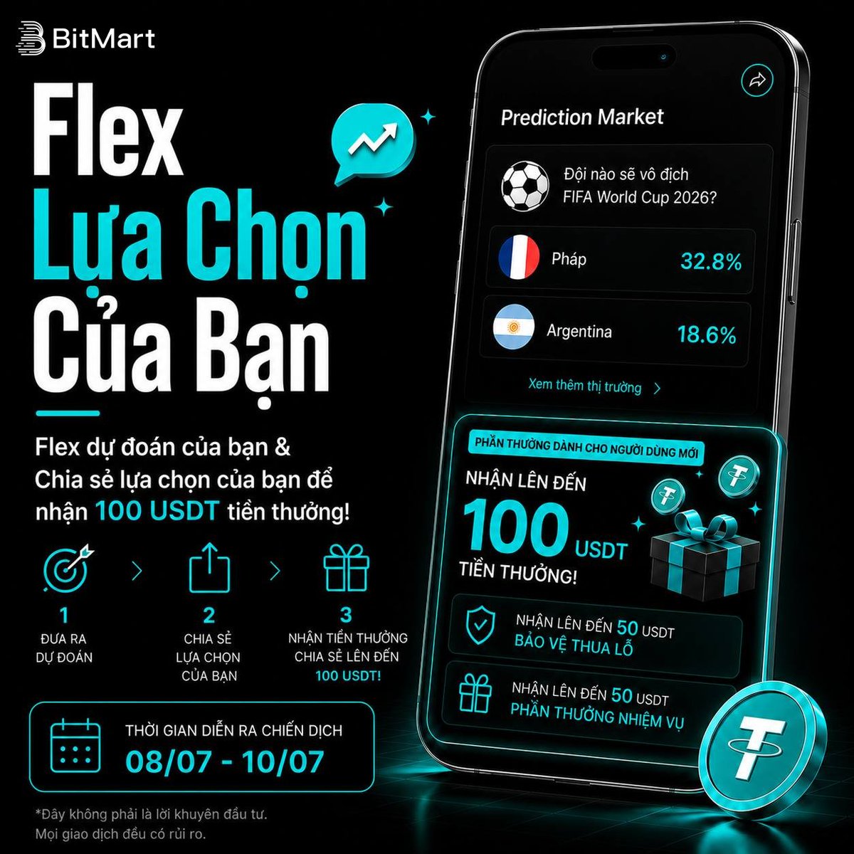 BitMart_VN's tweet photo. 🎯 Flex Lựa Chọn Của Bạn
Chia sẻ lựa chọn của bạn để có cơ hội chia sẻ 100 USDT cash nhé!

📌 Cách tham gia
1️⃣ Follow @BitMart_VN
2️⃣ Like ❤️ & Repost 
3️⃣ Bình luận BitMart UID + ảnh chụp màn hình dự đoán tại https://t.co/DcsCAo3LsV

⏲️ 08/07 - 10/07

~~~~~~~~~~~
Nội dung chỉ mang tính tham khảo, không phải lời khuyên đầu tư. Vui lòng tự nghiên cứu và cân nhắc trước khi tham gia!