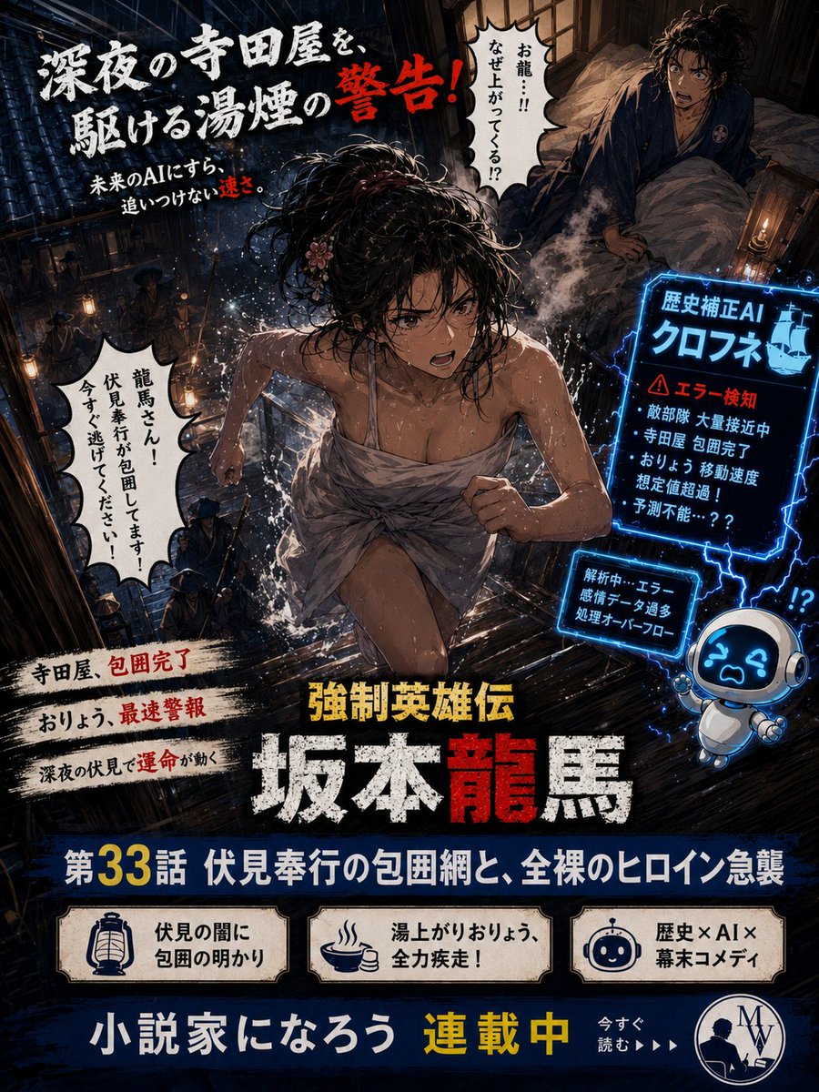 morikawa_works's tweet photo. 第33話更新！📖
「伏見奉行の包囲網と、全裸のヒロイン急襲」
寺田屋事件、ついに開幕。
AIも予測できなかった、おりょうの一手とは──。

#小説家になろう #なろう #坂本龍馬 #歴史コメディ #幕末
 https://t.co/7uiWrxFfU1 https://t.co/kNuzvtH6Ii