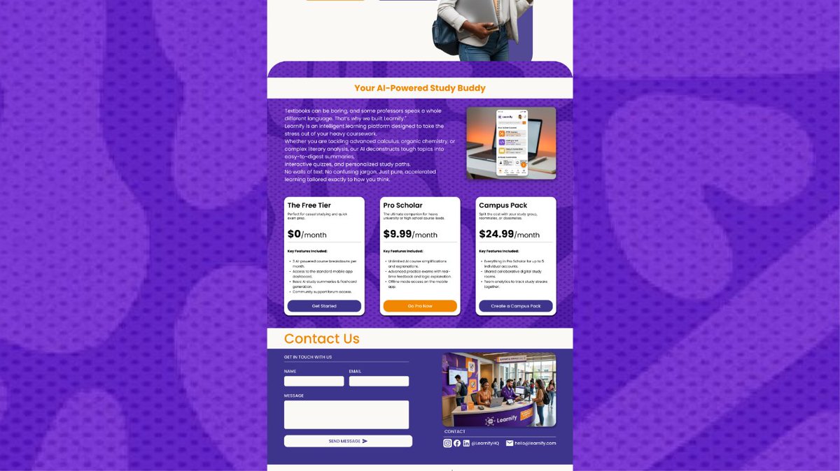 d_blsd_designer's tweet photo. Just wrapped up this landing page concept for Learnify — an AI-powered study platform for students.

Design decisions
• Tiered pricing that scales with user needs
•  Hero section answers "What's in it for me?" instantly
Designers:  What would u change about the pricing section? https://t.co/Za1guCZ936
